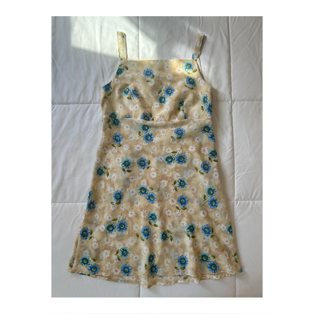 Y2K Rampage Cream and Blue Floral Sleeveless High-Waist A-Line Mini Sundress - Picture 2 of 14
